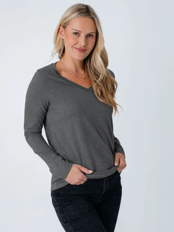 Women's Blouse with Keyhole NeckWomen's Carbon Grey Long Sleeve V-Neck