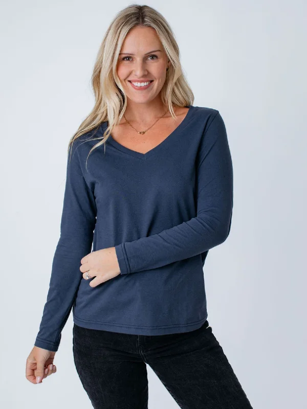 Women's Blouse with High CollarWomen's Odyssey Blue Long Sleeve V-Neck