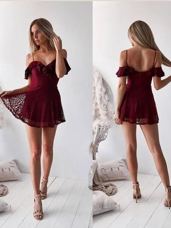 Women's Cold-Shoulder DressesBurgundy Homecoming Dresses Aline Spaghetti Straps Short Prom Dress Lace Party Dress       S3312