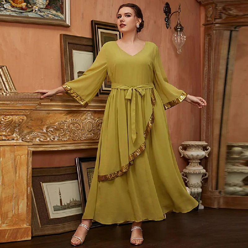 Women's V-Shaped-Neck DressesBerriesJam - Maxi Retro Loose Long Sleeve  Muslim Evening Party Dress