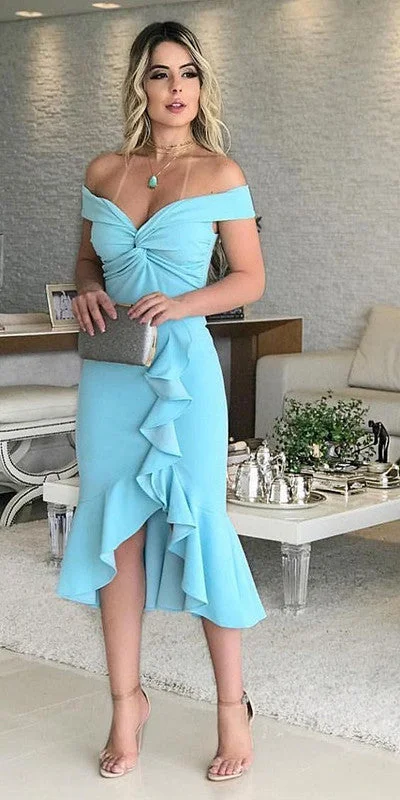 Women's Sweetheart-Neck DressesCute Party Gown Prom Dresses Off The Shoulder Blue DRess S3658