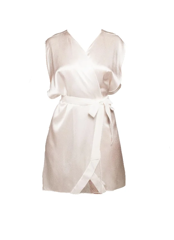 affordable women's pajama setsOff White Silk Satin Robe and Tunic with Velvet Detail and Sash