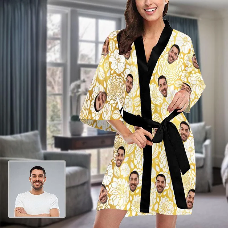 women's pajamas for a night of deep sleepCustom Face Pajama Robe Yellow Flower Personalized Pajamas with Pictures for Women