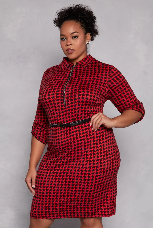 Women's Notched Collar DressesPlus Size Houndstooth Half Zip Midi Dress