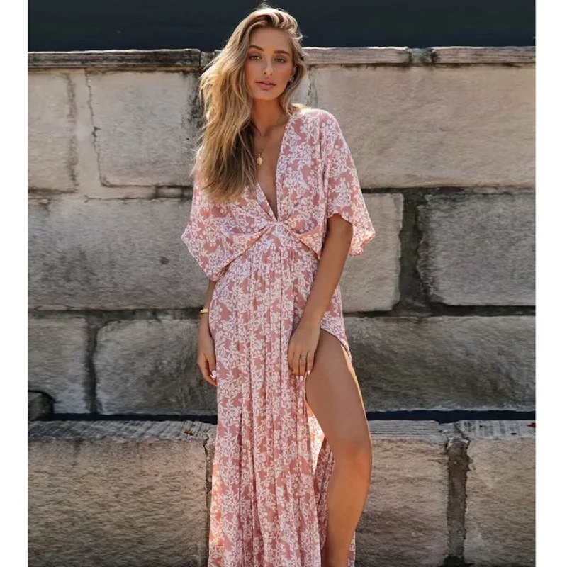 Women's Collarless DressesBerriesJam - Floral Printed Split Sexy Deep V Neck Short Sleeve Maxi Dress