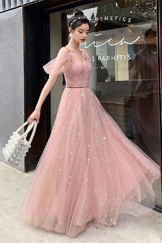 Women's Notched Collar DressesStraps A-line Blush Pink Tulle Long Party Dress        S3269