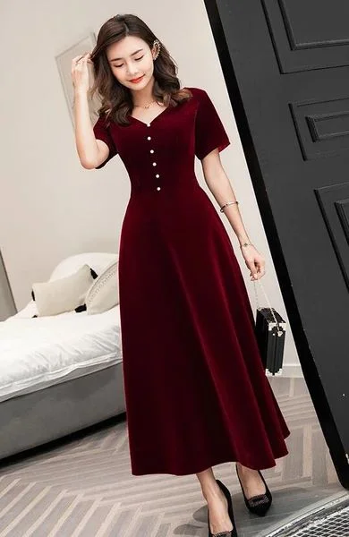 Women's Strapless DressesWine Red Tea Length Short Sleeves Vintage Style Party Dress, Velvet Bridesmaid Dress   S3248