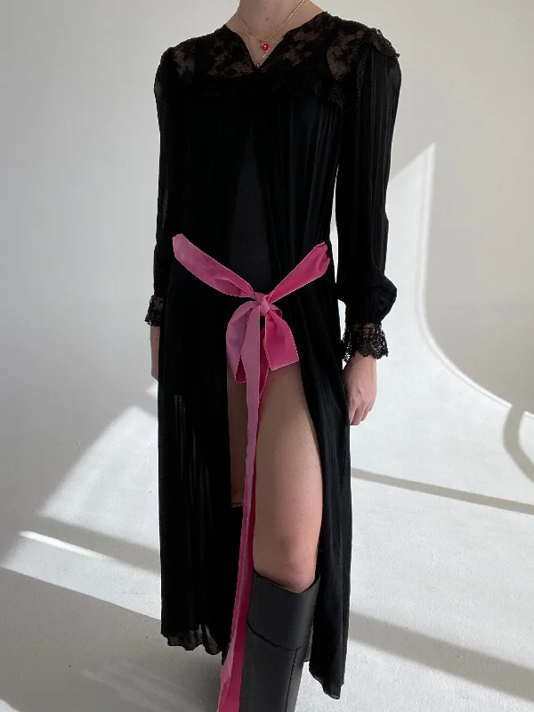 women's pajamas with pockets on the chest1940's Black Chiffon Long Sleeve Robe