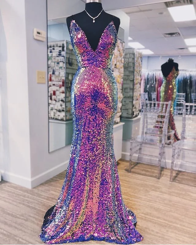 Women's Boat Collar DressesPurple Iridescent Sequin Mermaid Long Party Dress     S3773