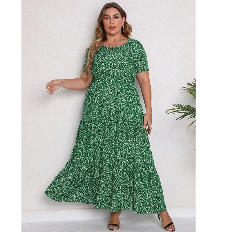 Women's Rounded Collar DressesBerriesJam - Casual O Neck Short Sleeve Floral Maxi Big Size Dress