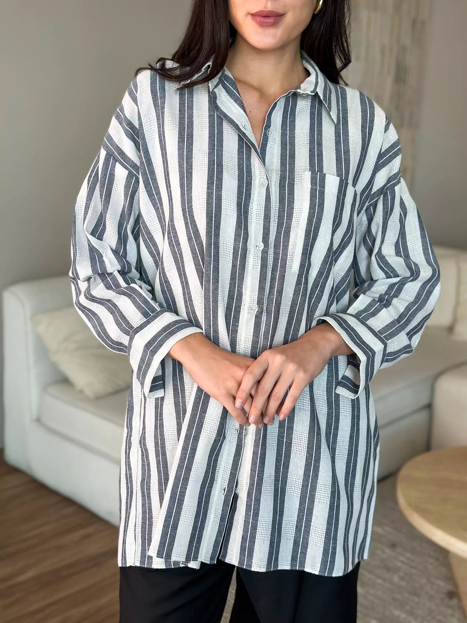 Women's Blouse with Mandarin CollarGrey Stripes Button Down Long Shirt