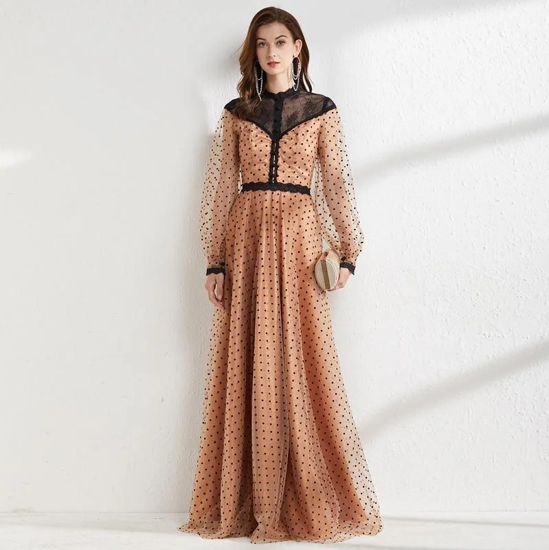 Women's Low Collar DressesFashionSierra - Women's Runway Dresses O Neck Long Sleeves Lace Patchwork Polka Dots Printed Elegant Maxi Floor Length Party Prom