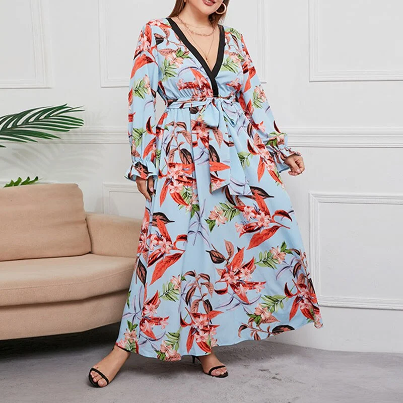 Women's Shawl Collar DressesBerriesJam - Elegant Long Sleeve Floral Loose Party Maxi Dress