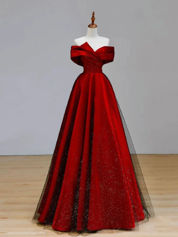 Women's Lapel Collar DressesBlack And Red Satin Sweetheart Party Dress, A-line Satin Formal Dress      S3511