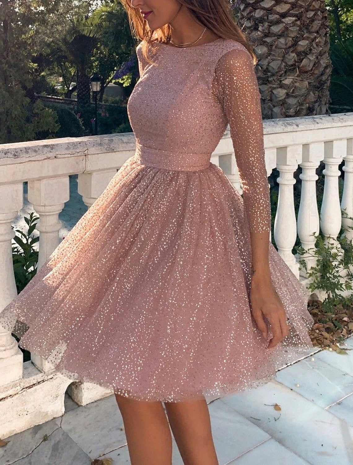 Women's Sweetheart-Neck DressesA-Line Glittering Cute Homecoming Cocktail Party Dress Dress Jewel Neck 3/4 Length Sleeve Knee Length Tulle with Pleats Sequin