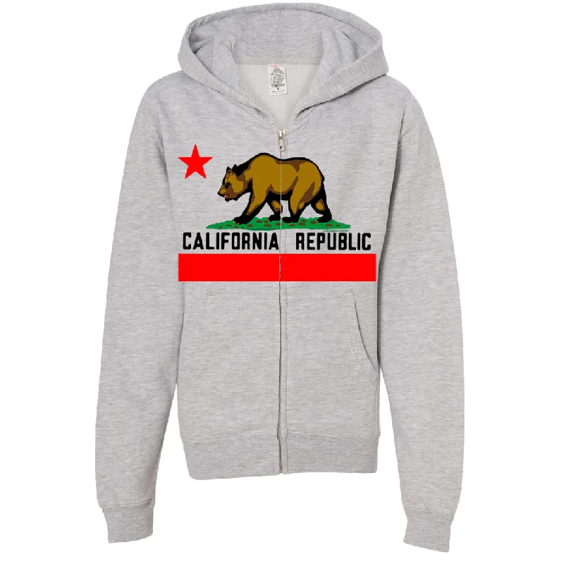 Women's Hooded Sweatshirts with Button PocketsCalifornia Republic Borderless Bear Flag Black Text Premium Youth Zip-Up Hoodie