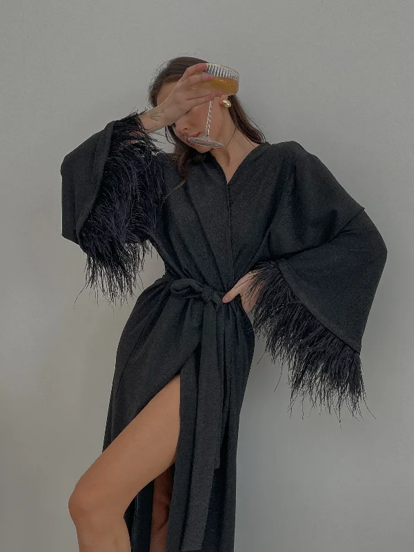 women's pajamas with built-in shortsShiny long black robe with feathers sleeves