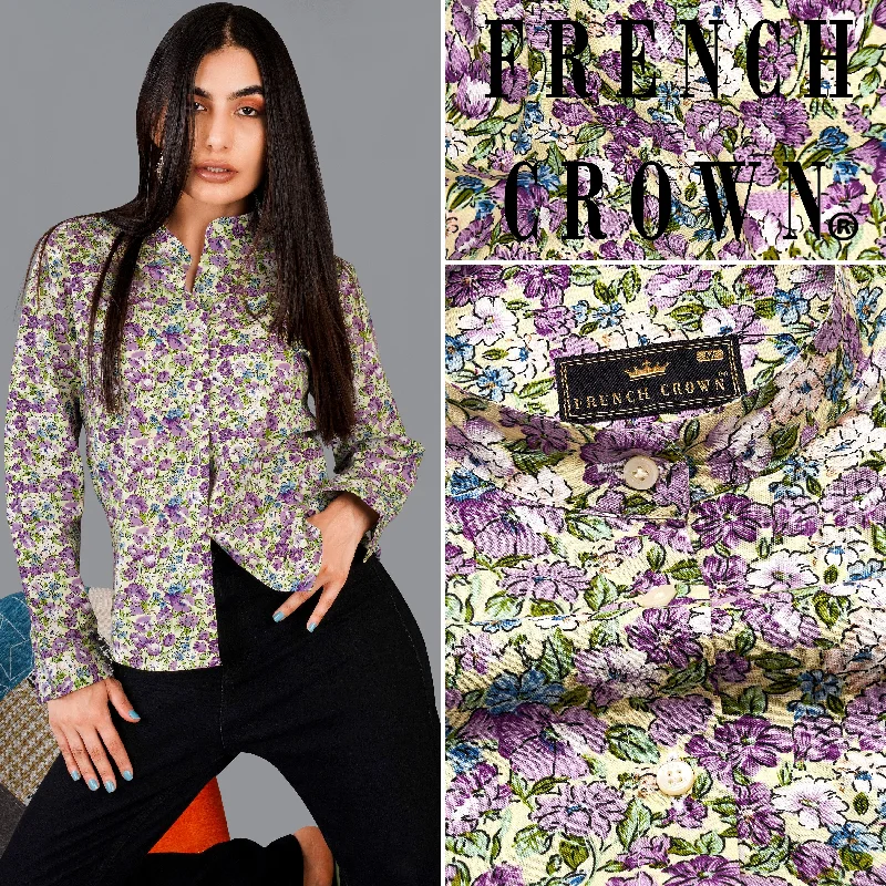 Women's Blouse with EmbroideryTahuna Green with Wistteria Purple Floral Printed Premium Cotton Shirt