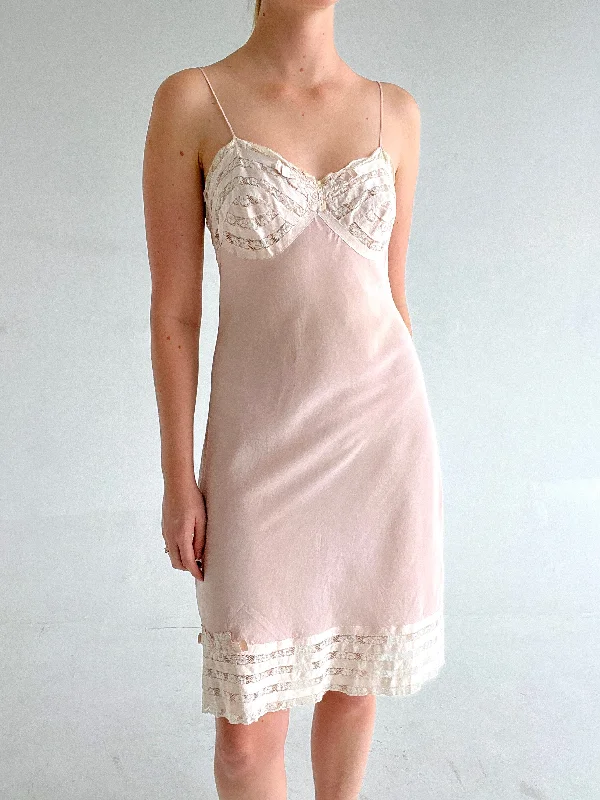 women's pajamas with an adjustable neckline1930's Pink Silk Slip with White Lace