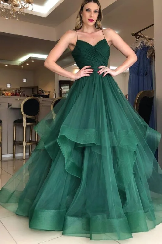 Women's Lapel Collar DressesGreen Prom Dresses Spaghetti Strap A-Line Tiered Tulle Backless Floor Length Evening Party Gown      S3612