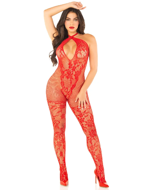 sheer lace braRed Seamless Net and Lace Lingerie Jumpsuit - With Keyhole Crossover Halter - Os