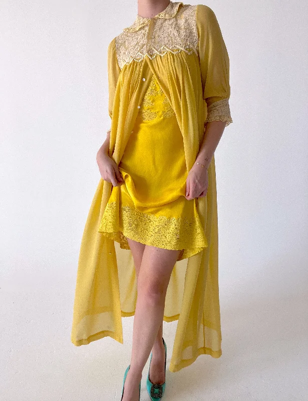 women's pajamas for a good night's sleep1930's Sunflower Yellow Silk Chiffon Robe With Cream Lace