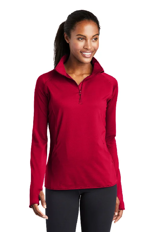 Women's Hooded Sweatshirts with Ribbed LiningSport-Tek Womens Sport-Wick Moisture Wicking 1/4 Zip Sweatshirt w/ Pouch Pocket - Deep Red