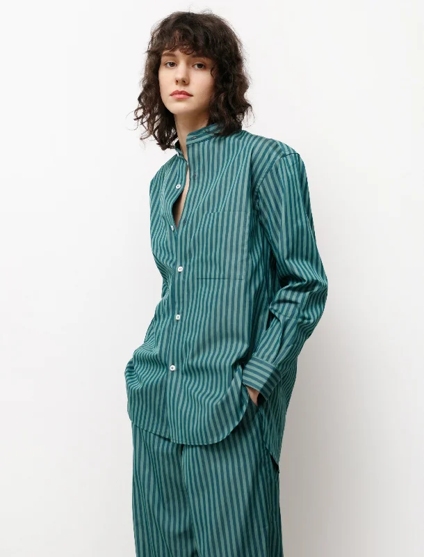 Women's Blouse with Wide CollarMao Shirt Green Stripes