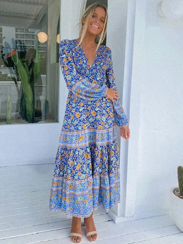 Women's Collarless DressesBerriesJam - Blue Floral Hippie Beach Boho Maxi Dress