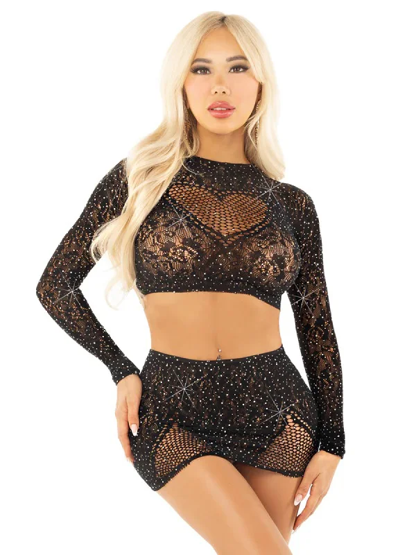 wireless bra with front closure for comfortBlack 2pc Rhinestone Lace and Net Crop Top With -  Heart Keyhole Mini Skirt - Os