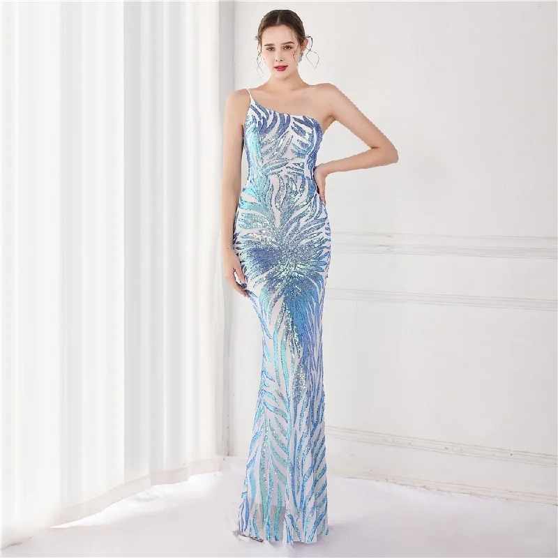 Women's Flared DressesBerriesJam - Elegant One Shoulder Mermaid Sequin Flower Party Maxi Dress