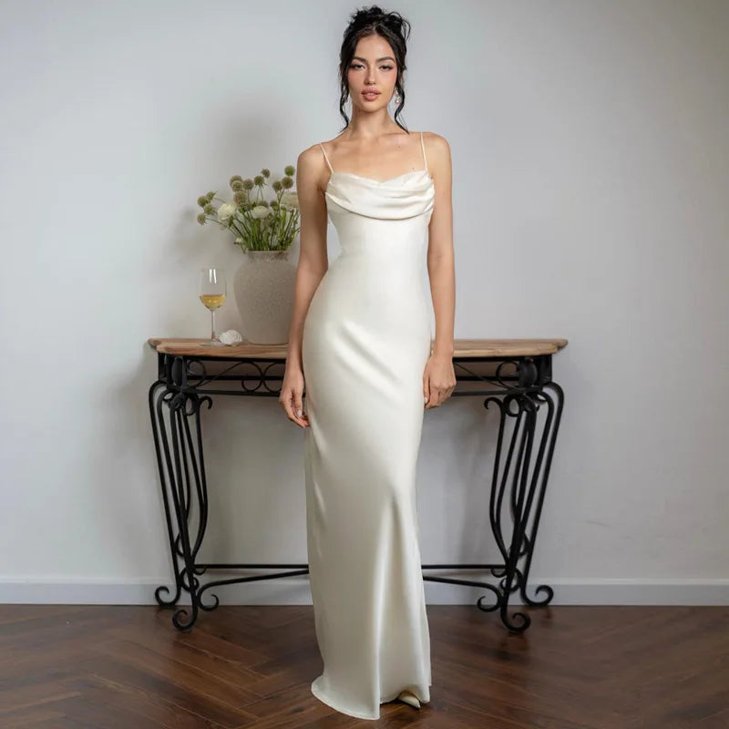 Women's Square-Neck DressesWhite Satin Sexy Spaghetti Straps Backless Fashionable V-neck Stylish Maxi Dress