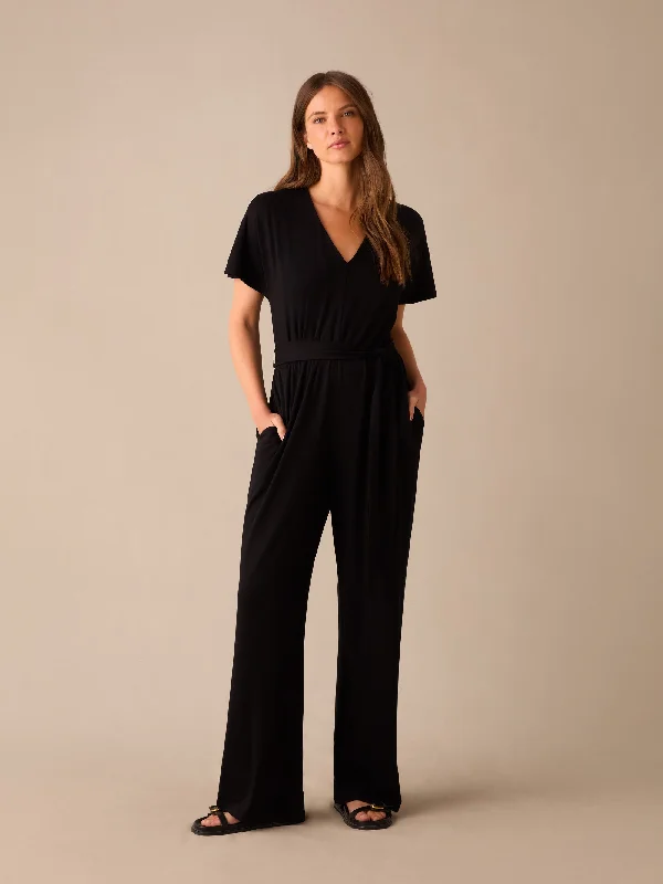 Women's Jumpsuits with Rounded CollarPetite Black Jersey Tie Belt Jumpsuit