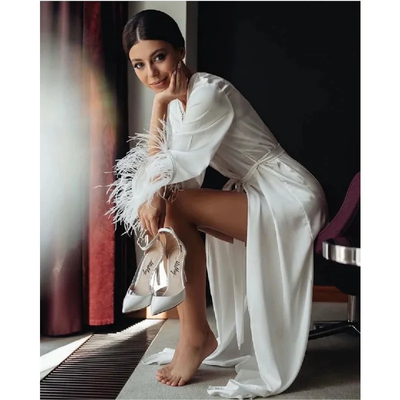 women's pajamas for those who appreciate soft, breathable fabricsFeather Trim Long Bridal Robe