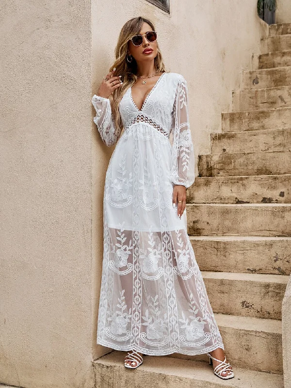 Women's U-Shaped-Neck DressesBerriesJam - Greek Myth Lace Lantern Sleeve Maxi Dress