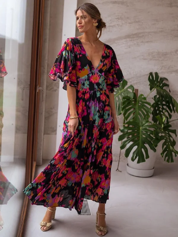 Women's Notched Collar DressesBerriesJam - Floral Printed Belted Cotton Tunic Maxi Dresses