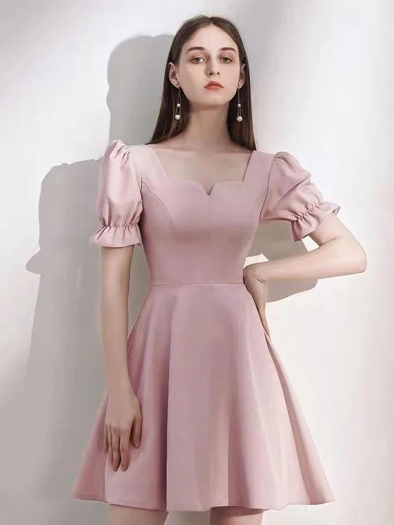 Women's U-Shaped Collar DressesShort Sleeve Party Dress, Pink Bridesmaid Dress, Hepburn Style Homecoming Dress    S3276