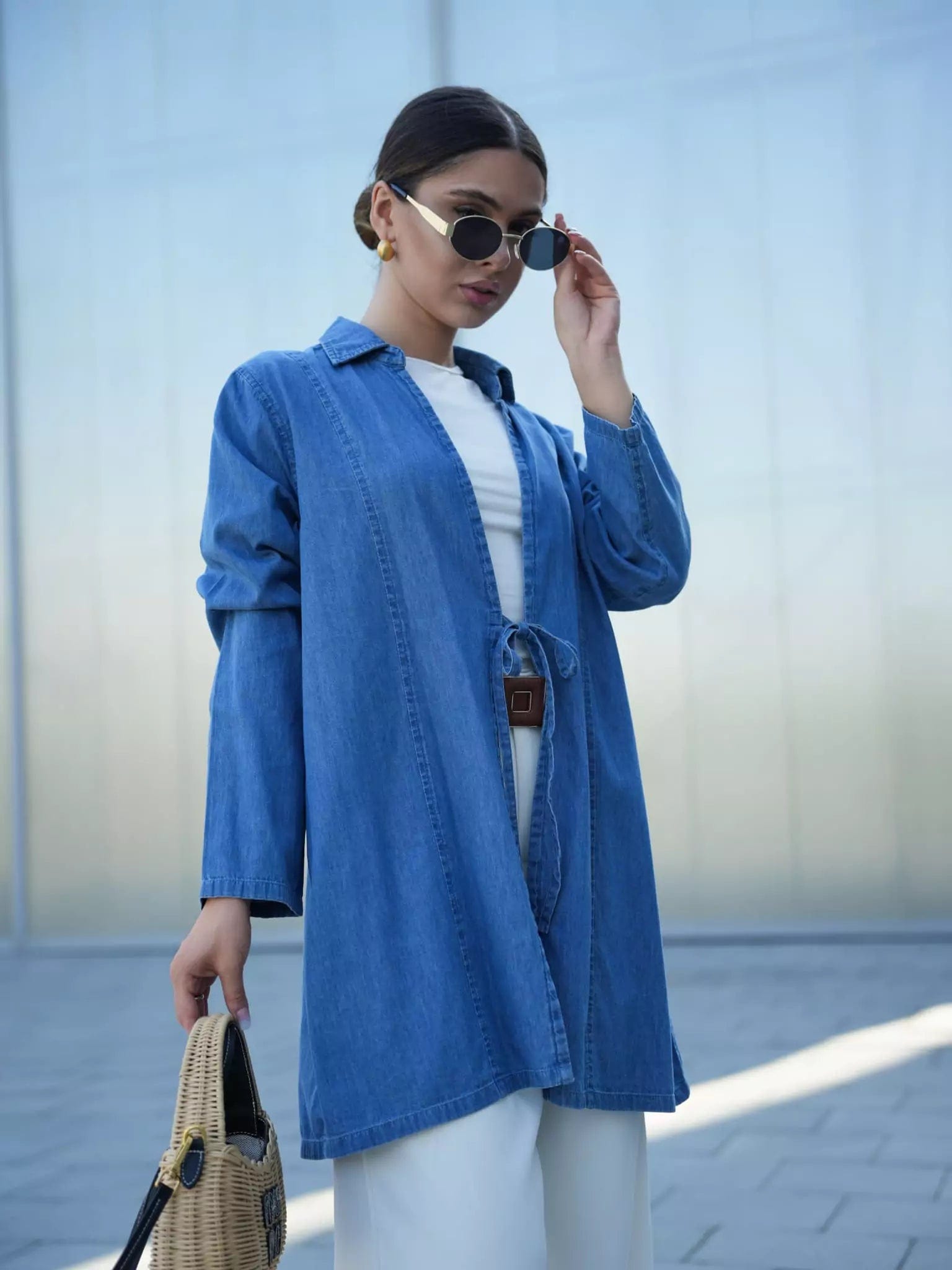 Women's Blouse with Low CollarDenim Bow Shirt