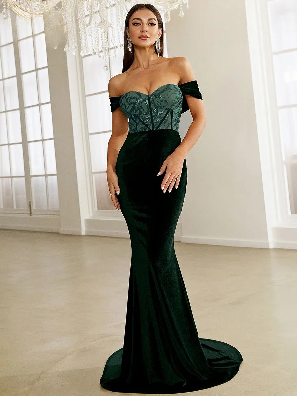 Women's Sweetheart-Neck DressesGreen Velvet Evening Dress - Off Shoulder Sequin Bodycon Maxi Party Dress