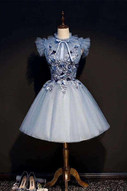 Women's U-Shaped Collar DressesHigh Neck Short Blue Tulle and Lace Appliques Party Dress        S3289