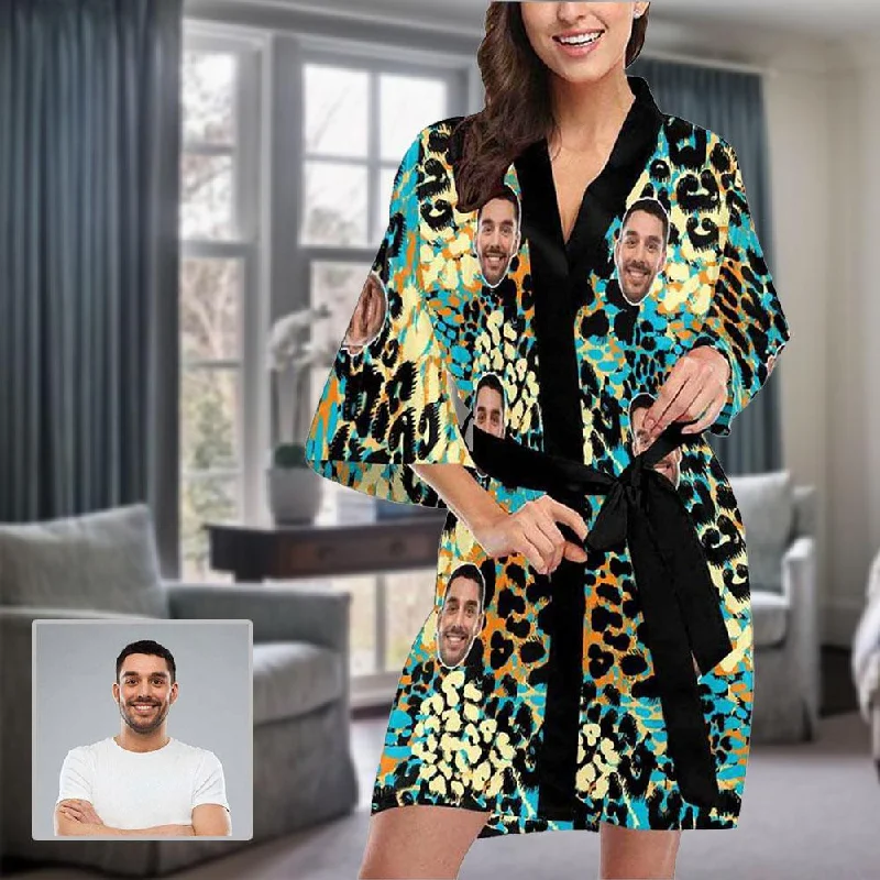 women's pajamas with button-flyCustom Face Pajama Robe Leopard Print Women's Nightgown with Personalized Photo