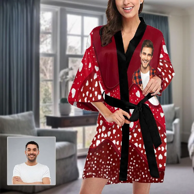 women's pajamas featuring floral embroideryCustom Face Pajama Robe Light Red Personalized Pajamas with Pictures for Women