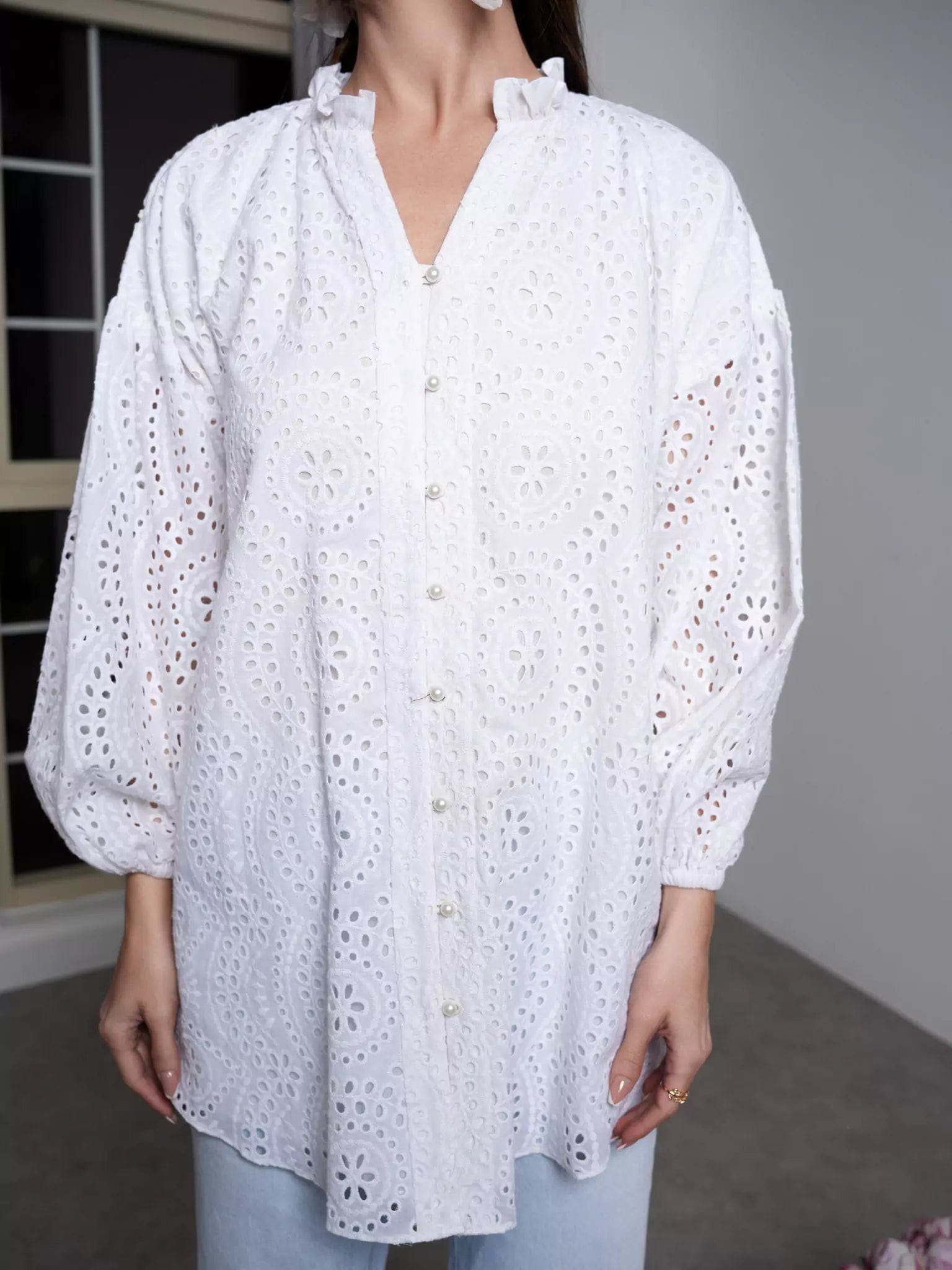 Women's Blouse with Boat CollarPecten White Cut Work Shirt