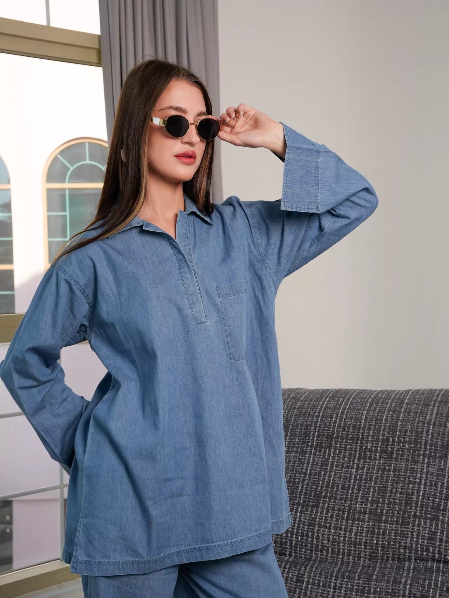 Women's Blouse with Wide CollarEvan Denim Shirt