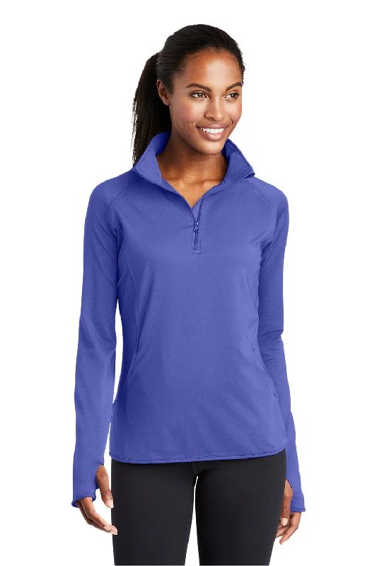 Women's Hooded Sweatshirts with Polka Dot LiningSport-Tek Womens Sport-Wick Moisture Wicking 1/4 Zip Sweatshirt w/ Pouch Pocket - Iris Purple