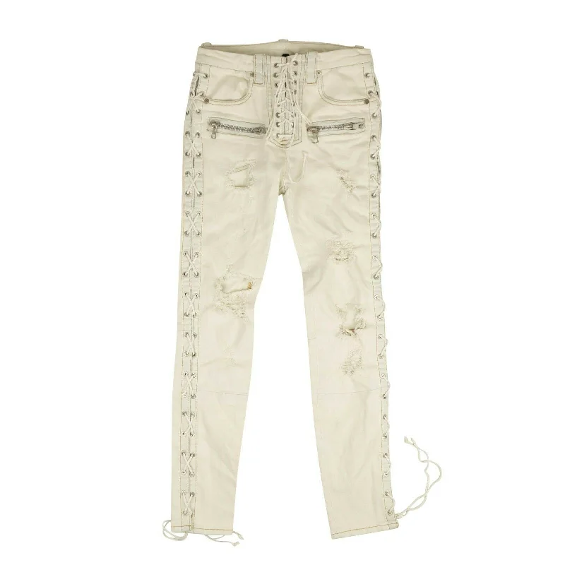 Women's Jodhpurs with Rounded CollarUnravel Project Washout Denim Side Lace Up Skinny Jeans - White