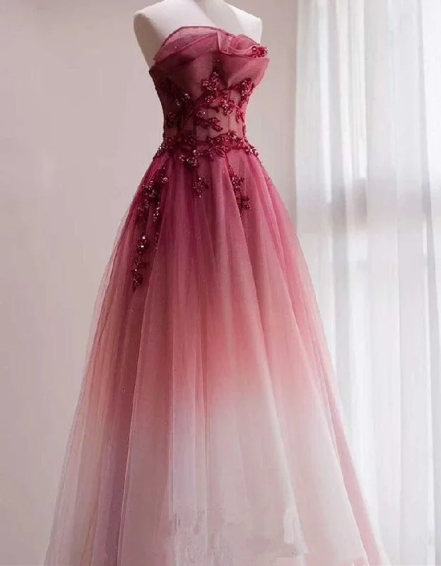 Women's Notched Collar DressesGradient Tulle Long Party Dress, A-line Elegant Lace-up Prom Dress       S3768