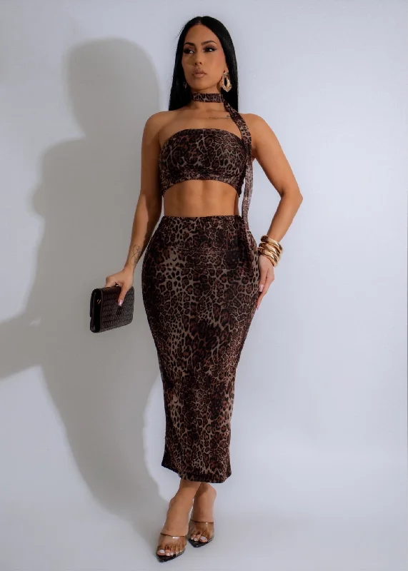 Untamed Elegance Leopard Mesh Skirt Set Brown