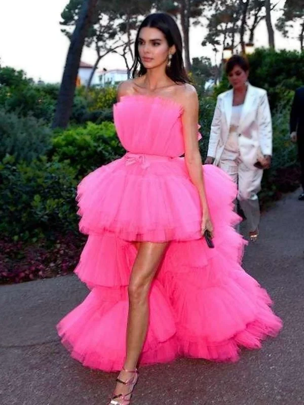 Women's Lapel Collar DressesSexy Tulle Ruffle Pink High-low Long Prom Party Dress         S3295