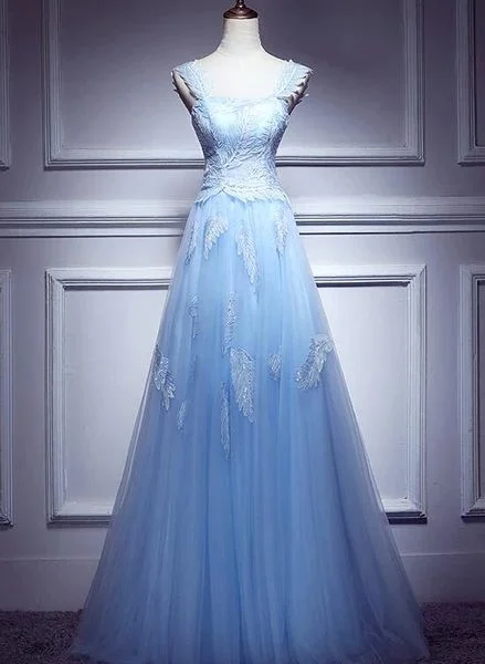 Women's High-Low DressesLovely Light Blue Lace Applique Tulle Prom Dress, Blue Junior Party Dress Formal Dress     S3346